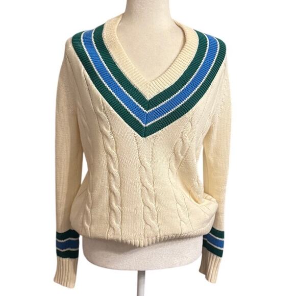 Vineyard Vines Cable V-Neck Varsity Sweater 100% Cotton Blue+Green Stripes (XS) - Picture 2 of 7